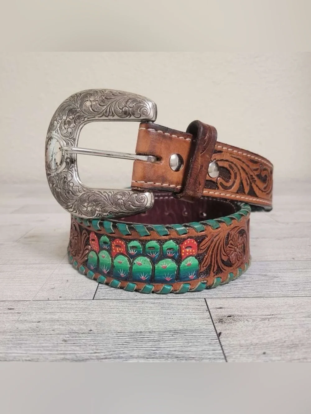 Women’s Brown Tooled Leather Green Cactus Western Rodeo Cowgirl Belt Size S